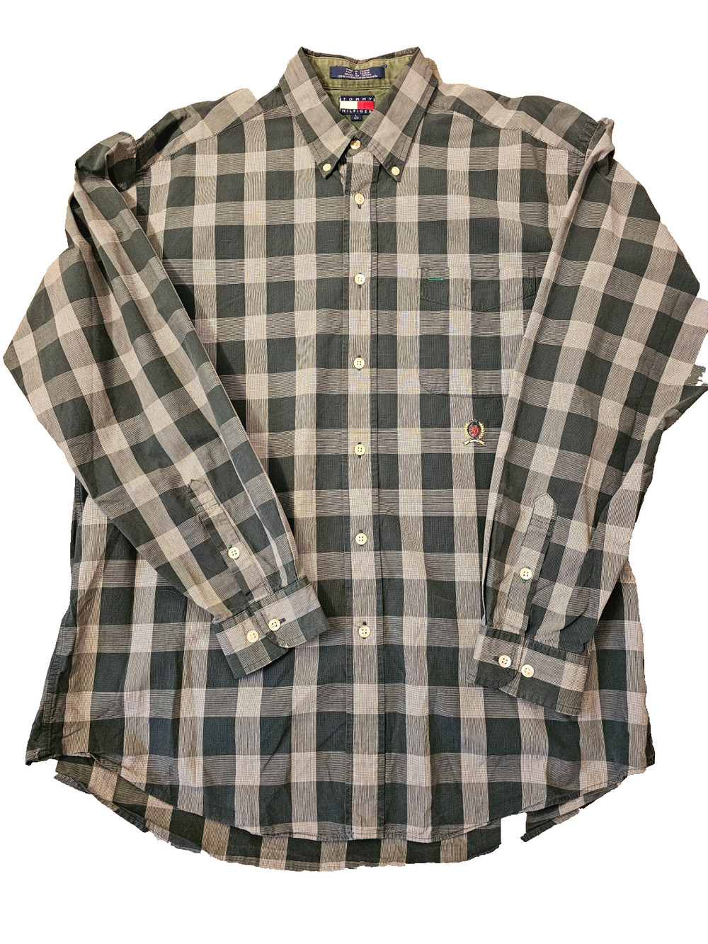Tommy Hilfiger Mens Gray Check Plaid Cotton Pockets Long Sleeve Dress Shirt L